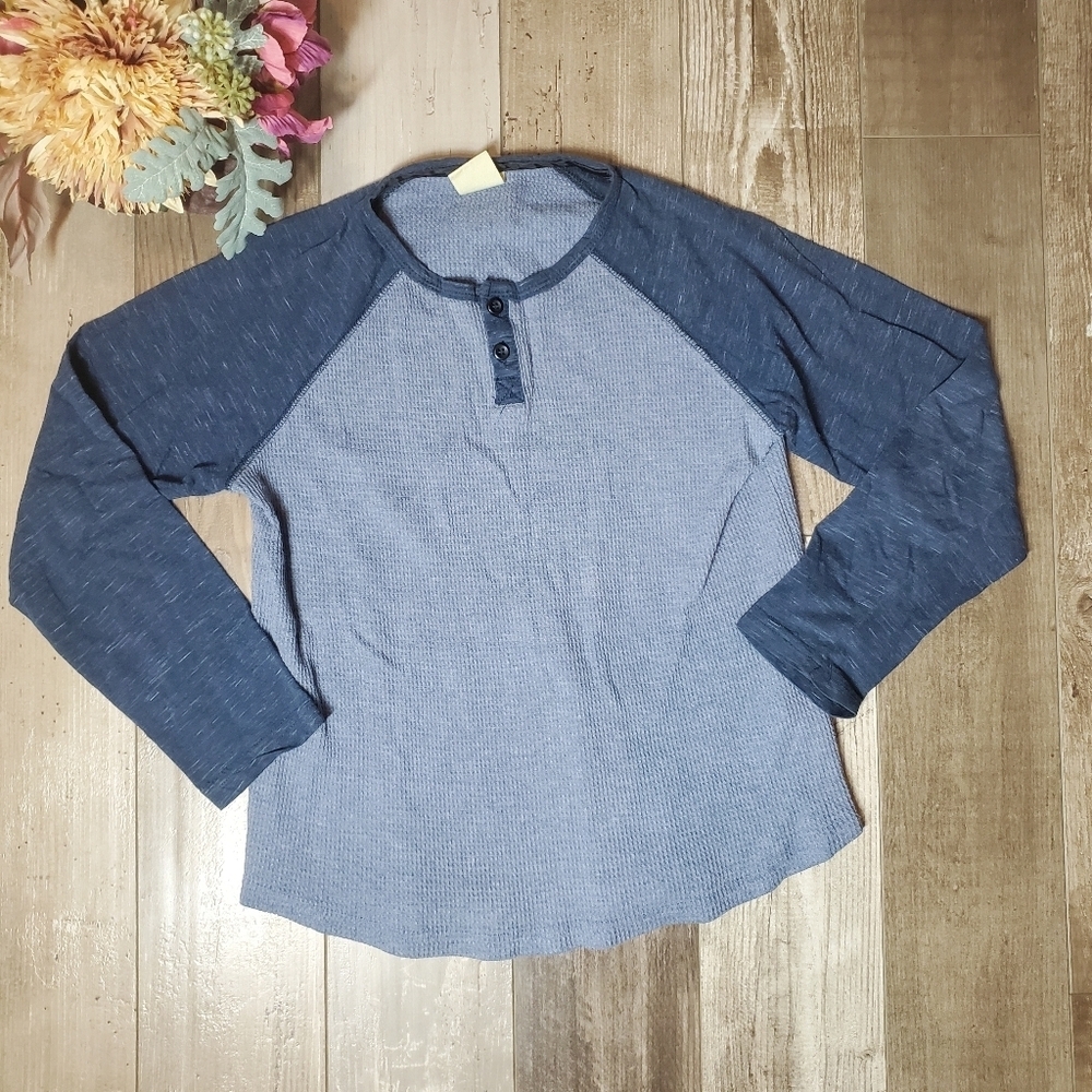 Rustic Blue Long Sleeve Blue Waffle Knit Henley Shirt Size Large (8/10) EUC NWOT